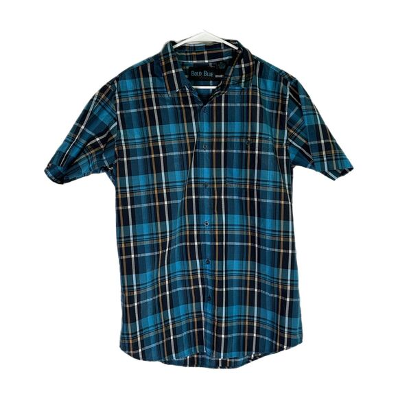 Bold Blue Short-Sleeve Blue Plaid Button Down Shirt, XL - Picture 2 of 6